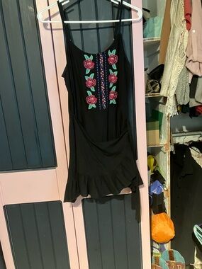 Black Mini Dress with Pink Rose Embroidery